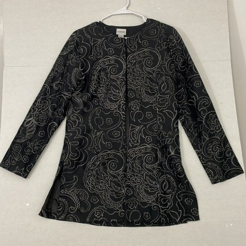 Chico's Embroidered Silk Jacket, Lined, Long, Black, Metallic Floral, Small